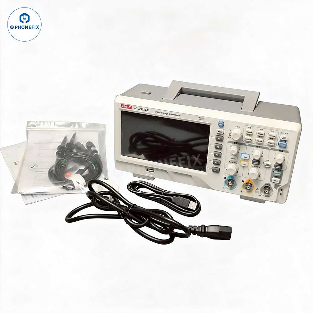 UNI-T UTD2025CL UTD2052 digital oscilloscope with 2 channels, featuring a sleek display and multiple measurement controls.