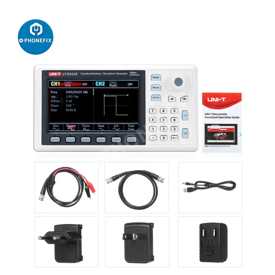 PhoneFix digital oscilloscope with UTG932E and UTG962E 2-channel function signal generator and frequency counter in China.