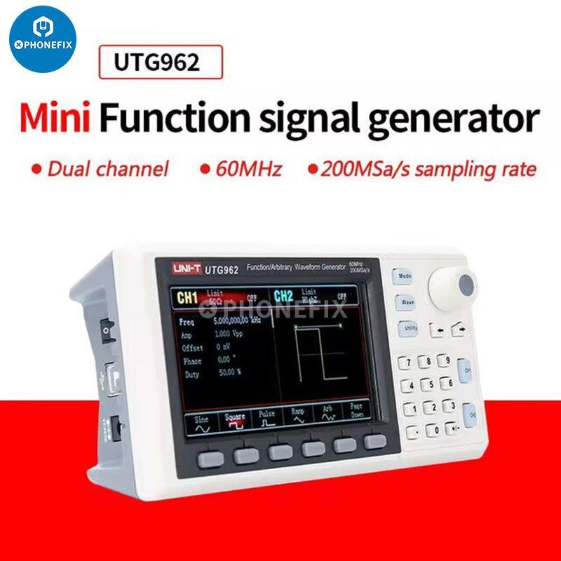 PHONEFIX UTG932E and UTG962E 2-channel digital signal generators with frequency counters, used for testing and measurement in electronics.