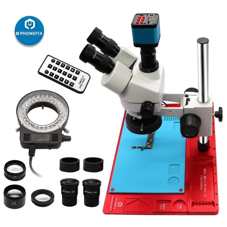 Simul trinocular stereo microscope with 3.5x-90x magnification, designed for phone PCB soldering and repair by PHONEFIX.