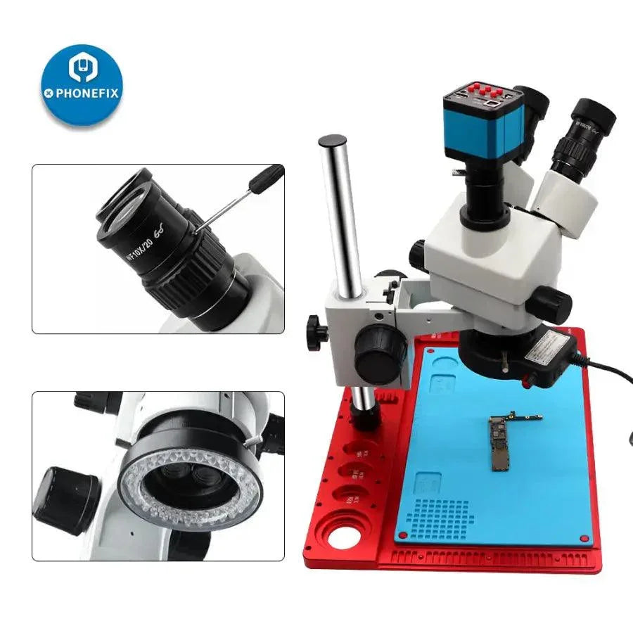 PhoneFix 3.5X-90X trinocular stereo microscope for phone PCB soldering repair, featuring adjustable magnification and ergonomic design.