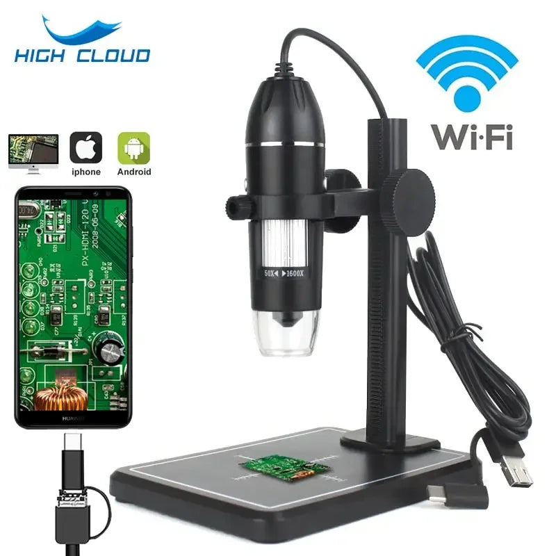 USB digital microscope endoscope by PHONEFIX showing magnified view at 1000x to 1600x with adjustable focus and LED illumination.
