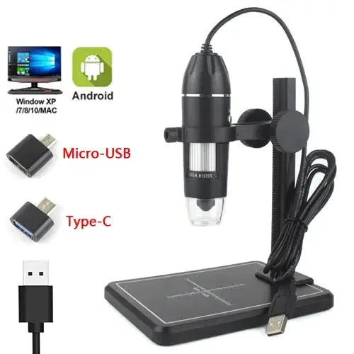 USB digital microscope endoscope with 1000X to 1600X magnification, by PHONEFIX, showing close-up of the microscope's lens and controls.