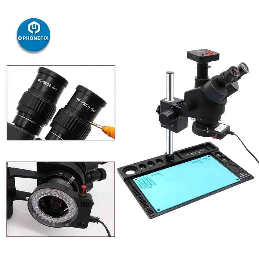 Black trinocular stereo microscope with 3.5x to 90x magnification for phone motherboard repair, designed for electronics inspection by PHONEFIX.