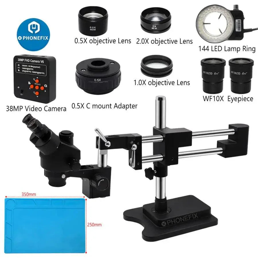 Black double boom stand trinocular stereo microscope with 3.5x to 90x zoom, electric microscope by PHONEFIX.