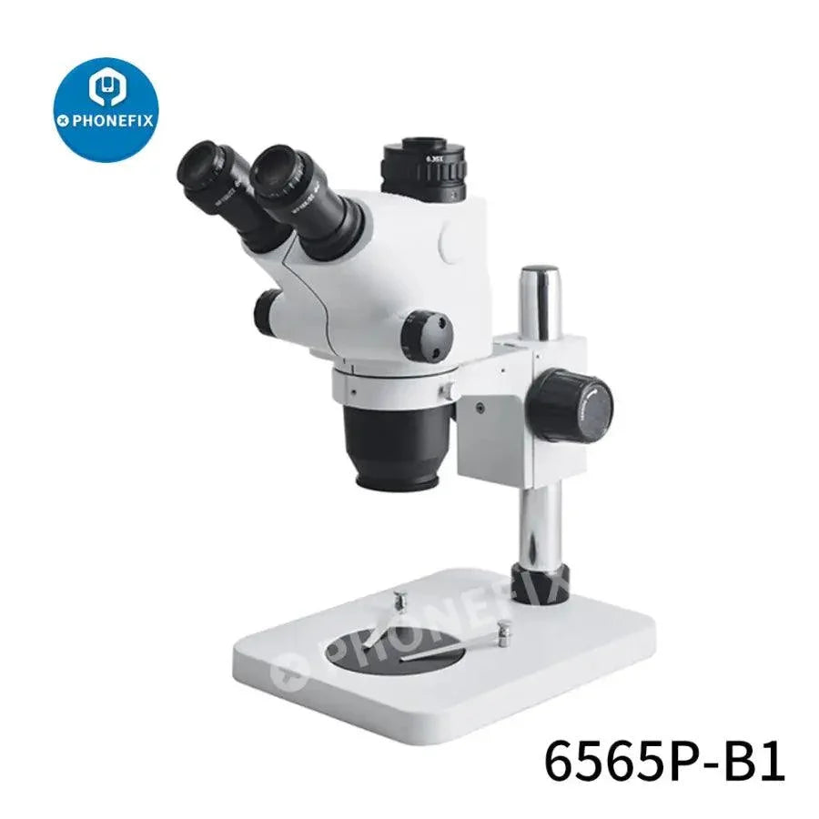 PHONEFIX 6.5X-65X trinocular stereo zoom microscope for PCB soldering repair, with adjustable magnification and LED illumination.