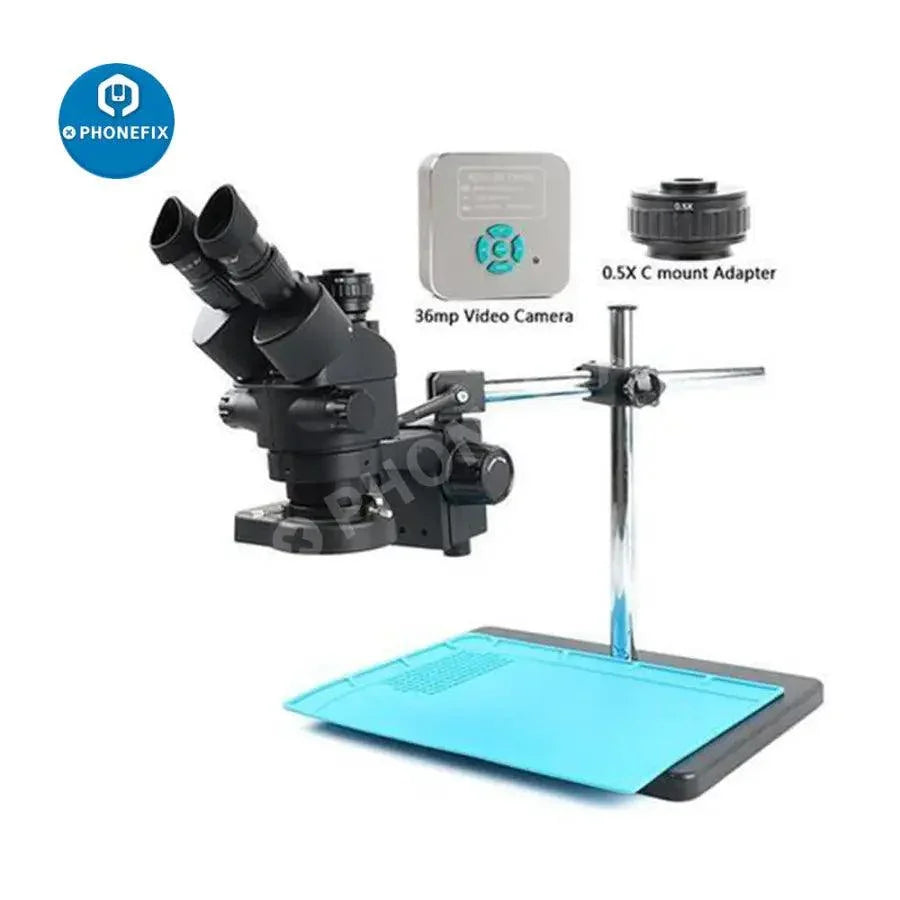 Electric trinocular stereo zoom microscope with 36MP camera, 3.5x-90x magnification, used for detailed optical inspection.