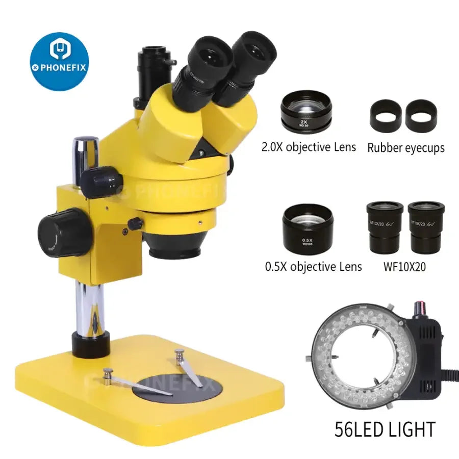Phonefix 7-45X trinocular stereo microscope with 3.5X-180X zoom and WF10X, WF20X eyepieces for detailed magnification.