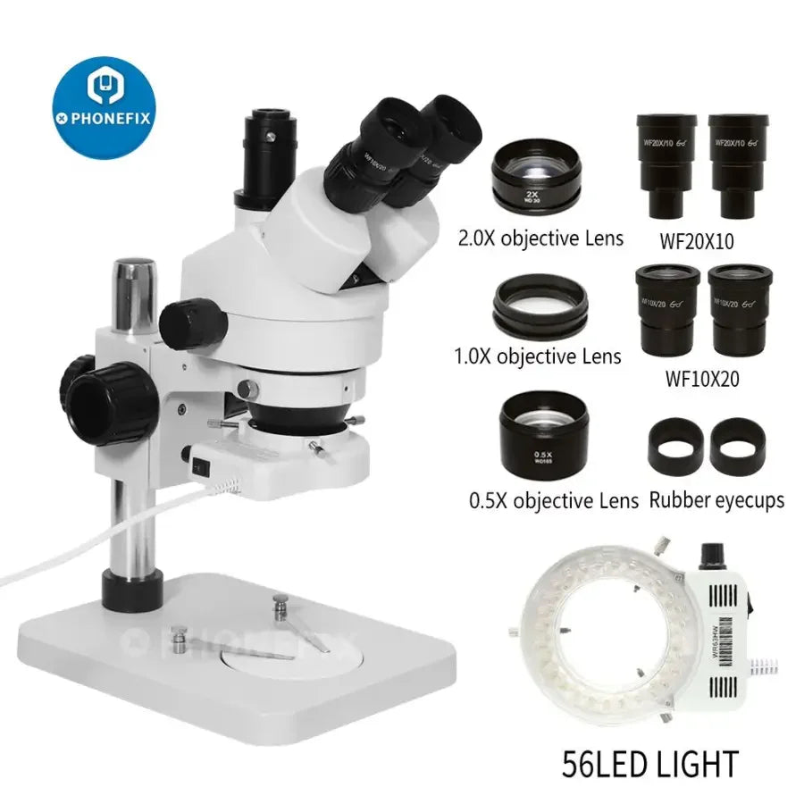 PHONEFIX 3.5X-180X stereo zoom trinocular microscope for PCB inspection, showing adjustable eyepieces and detailed circuit board view.