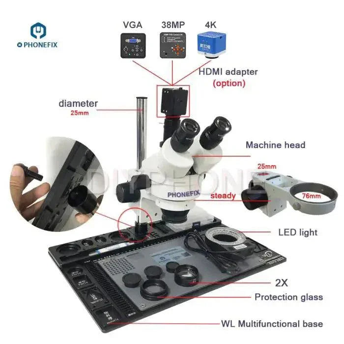 PHONEFIX 3.5X-90X trinocular electric microscope with aluminum alloy soldering pad, ideal for detailed electronic inspections.