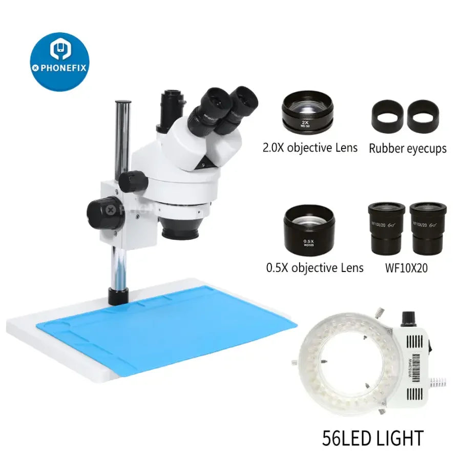 PhoneFix 7x-45x trinocular stereo zoom microscope on a table stand, ideal for PCB repair and detailed electronic inspections.