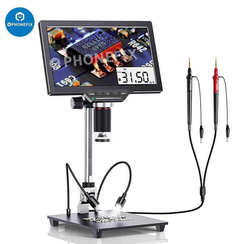 PhoneFix DM201M 16MP HDMI industrial digital microscope with LCD display and built-in multimeter, used for detailed electronic inspections.