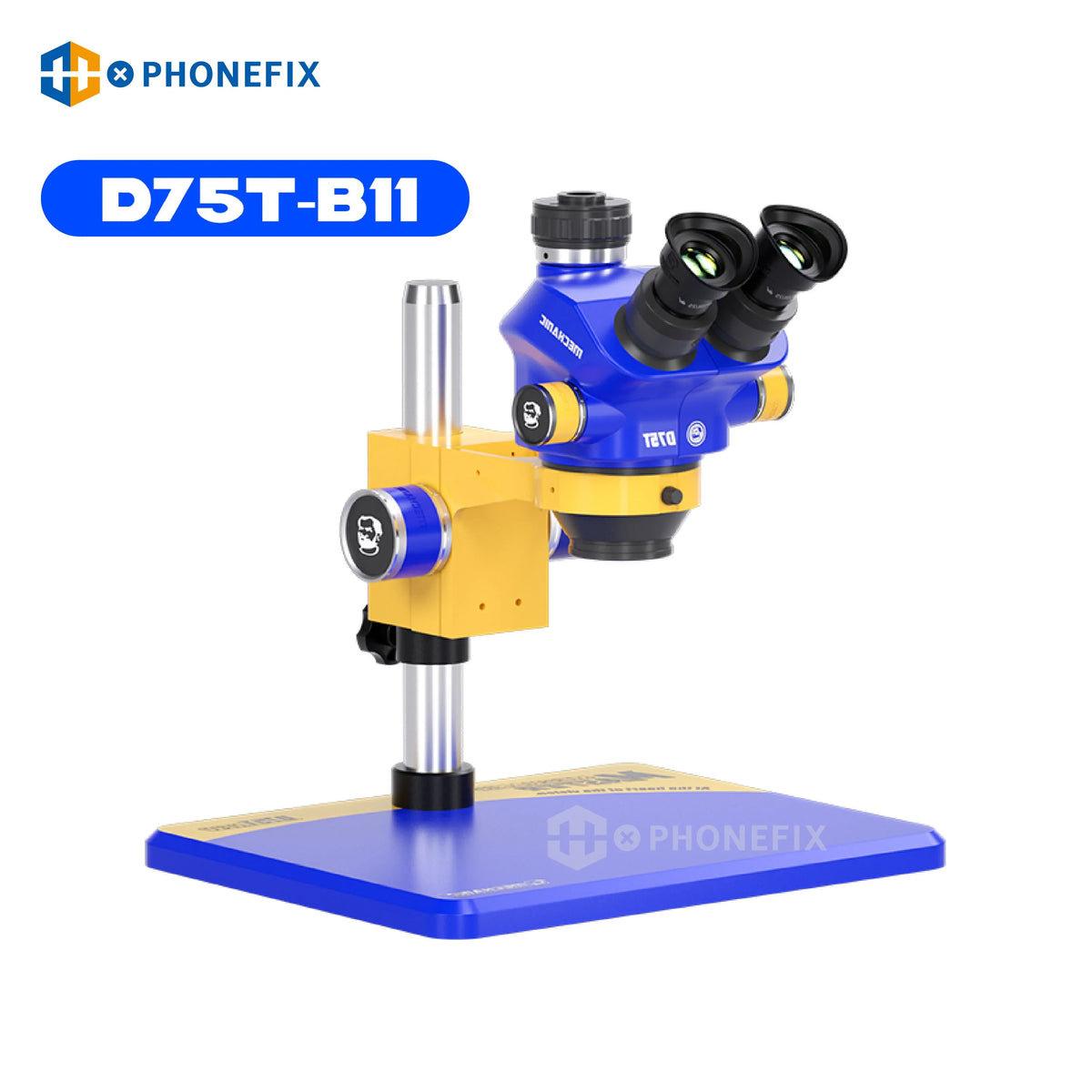 Phonefix D75S D75T 7X-50X industrial trinocular stereo microscope with electric illumination and adjustable focus.