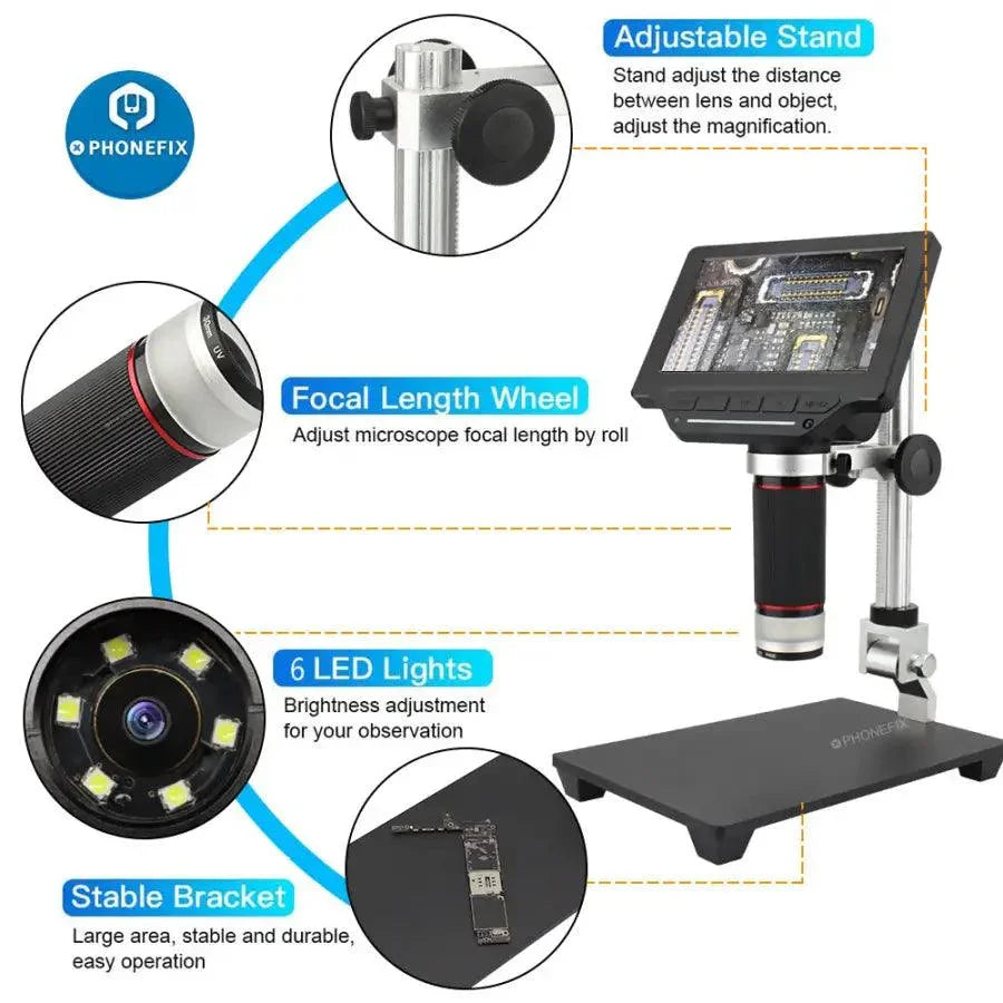 PHONEFIX 5-inch HD screen electronic magnifying glass USB digital microscope showing detailed close-up view of tiny objects.