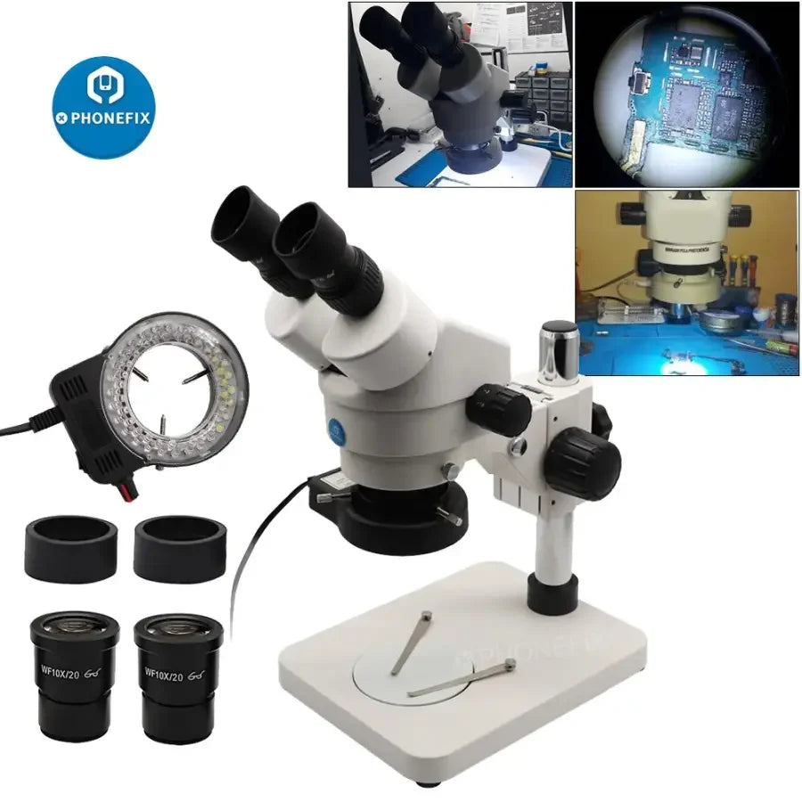 PhoneFix 7-45X binocular stereo microscope for phone PCB repair, electric soldering tool for precise electronic component work.