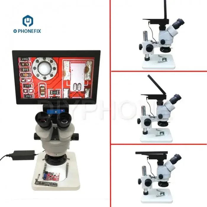 PHONEFIX 7-45X integrated trinocular electric microscope with 10.6-inch display screen for detailed viewing and analysis.