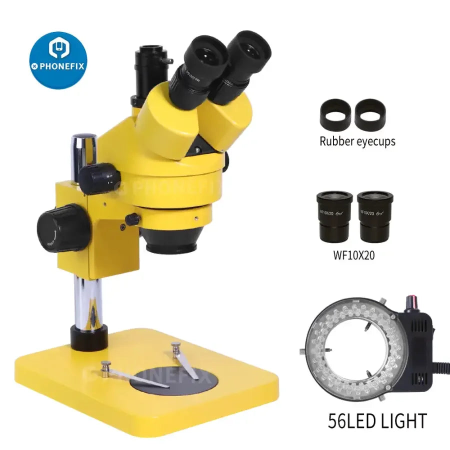 Yellow 7X-45X trinocular stereo zoom microscope from PHONEFIX for phone PCB repair, with adjustable zoom and bright illumination.