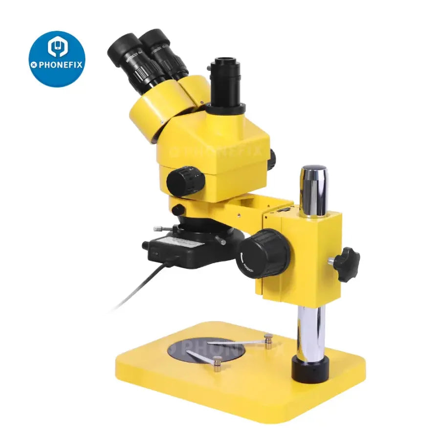 Yellow 7x-45x trinocular stereo zoom microscope for phone PCB repair by PHONEFIX, with adjustable magnification and ergonomic design.