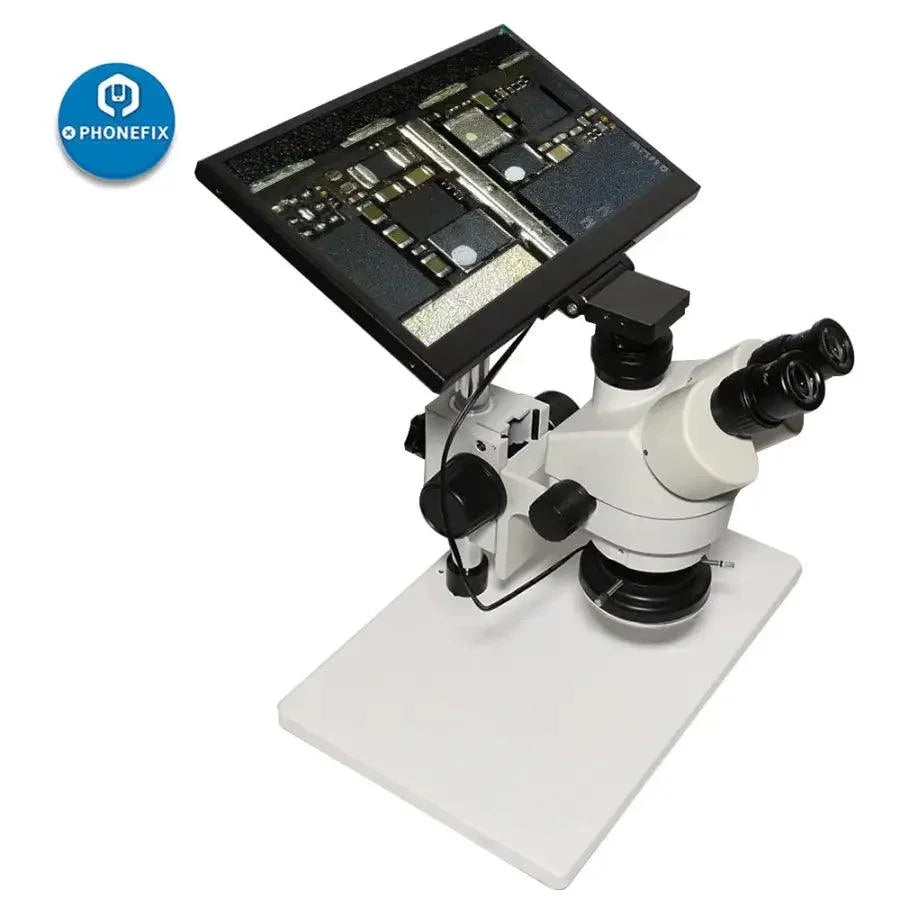 Integrated trinocular stereo white microscope with LCD display screen, electric microscope by PHONEFIX for detailed viewing.