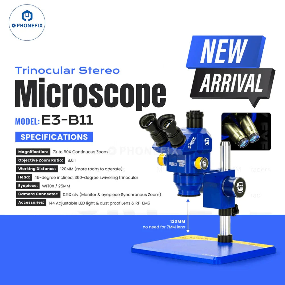PhoneFix Mechanic 7-60X Trinocular Stereo Microscope E3-B11 and E2-B11 with adjustable eyepieces and electric illumination.