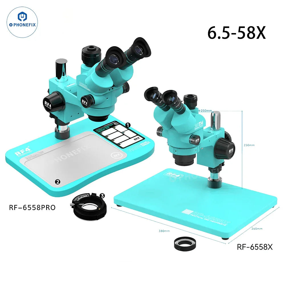 Electric PHONEFIX RF4 RF-6558X RF-6558PRO 6.5-58X synchronous trinocular microscope with adjustable zoom and binocular eyepieces.