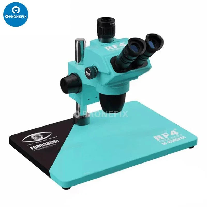 RF4 RF6565Pro 6.5-65X triocular synchronous zoom electric microscope by PHONEFIX, showing the detailed viewing head and focusing knobs.