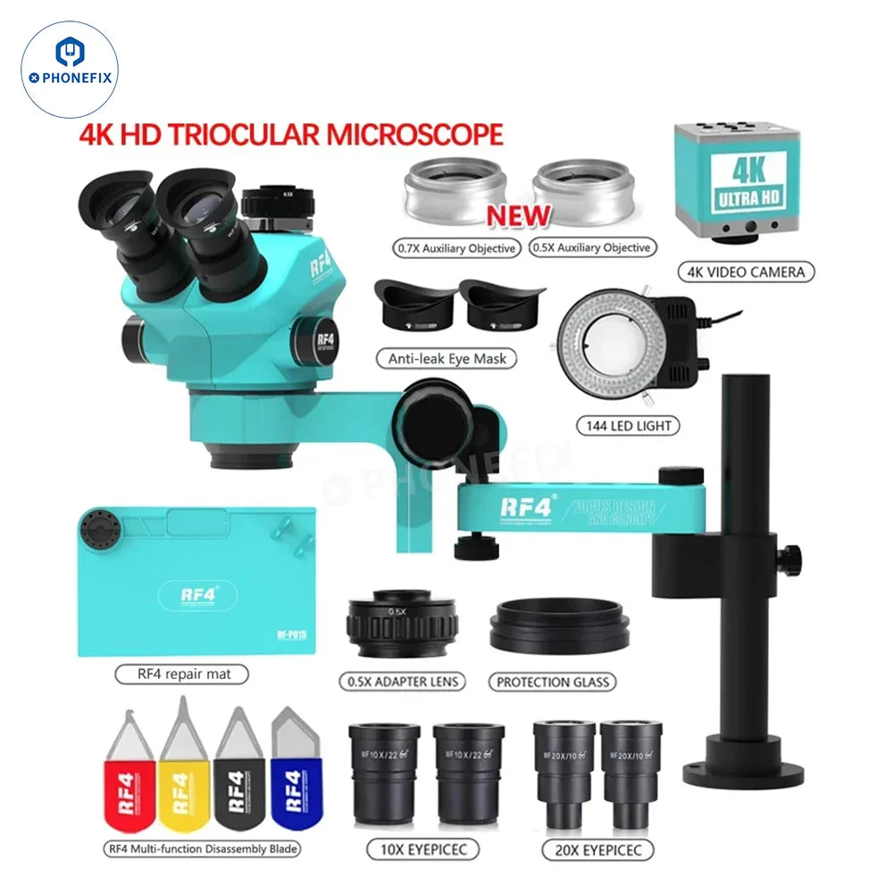 RF4 RF7050PRO FO19 trinocular stereo microscope with folding swing arm, electric microscope by PHONEFIX, detailed close-up image
