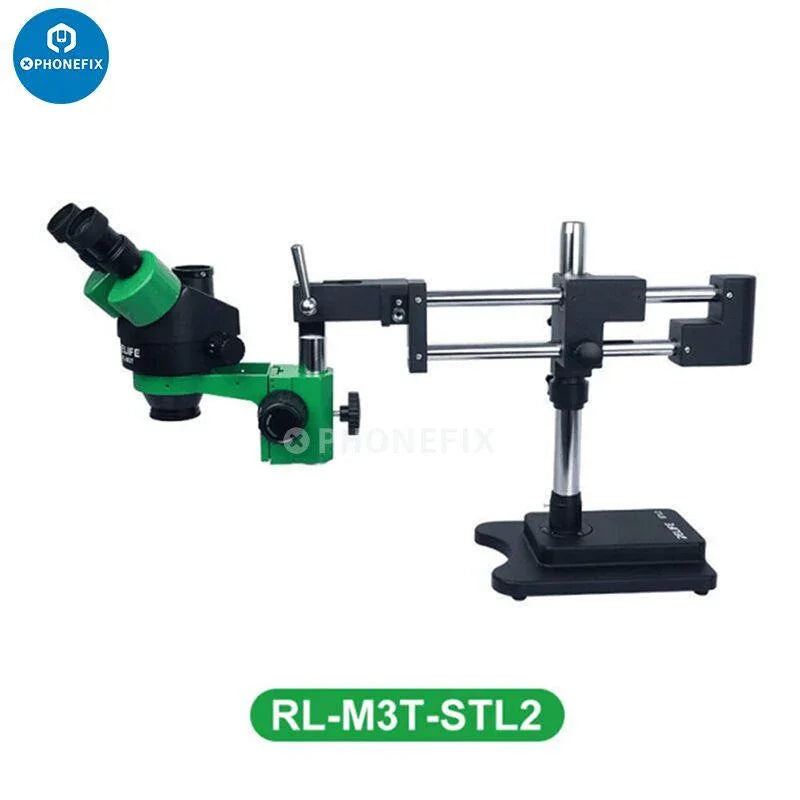 RELIFE RL-M3T 7X-45X trinocular HDMI stereo microscope for PCB repair, featuring electric design by PHONEFIX.