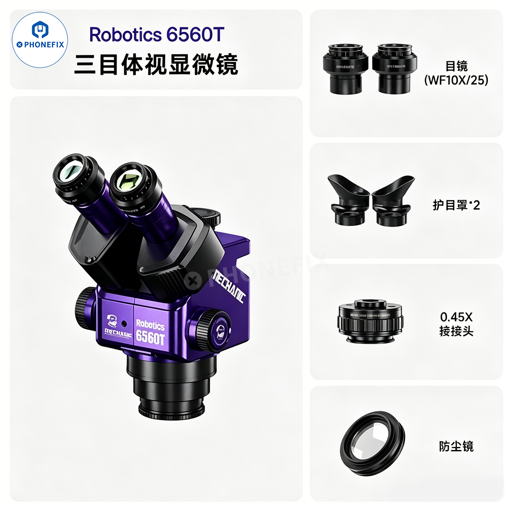 Phonefix MECHANIC ROBOT 6560T-B11 6.5-60X trinocular stereo microscope with electric illumination and adjustable focus.