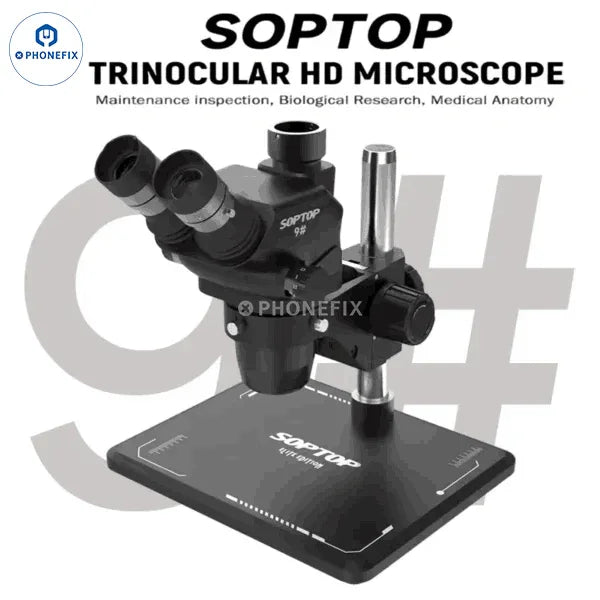 PHONEFIX SOPTOP 9# 6.7-4.5X Zoom Trinocular HD Electric Microscope showing adjustable zoom and trinocular head for detailed viewing.