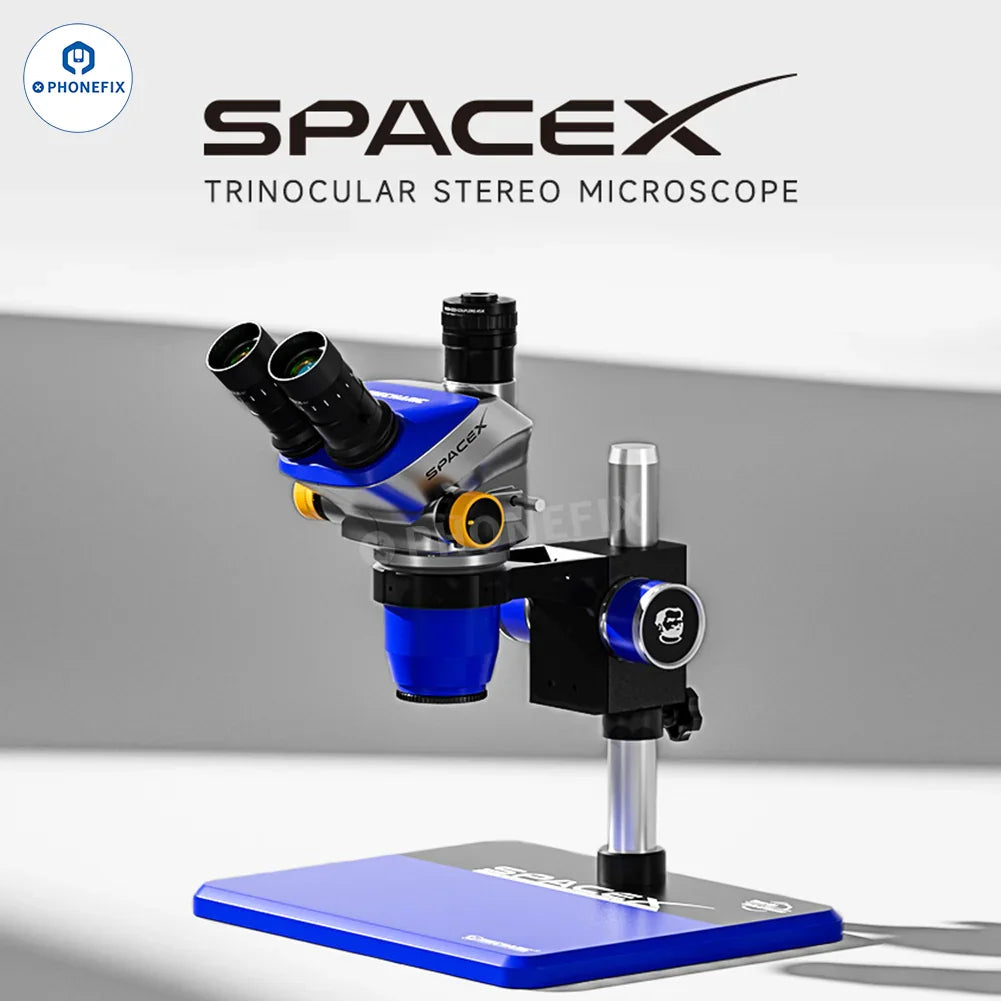 Mechanic Space X 6.5X-52X trinocular electric microscope by PHONEFIX with adjustable zoom and built-in lighting for detailed soldering work.