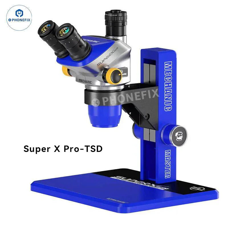 Super X Pro 6.5X-55X trinocular stereo microscope by PHONEFIX, electric microscope with adjustable zoom and mechanical stage.