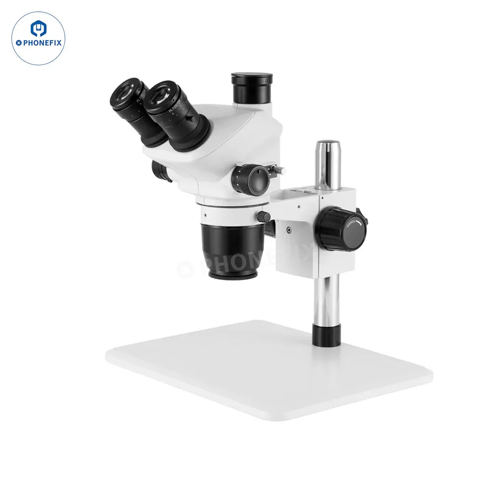 Electric binocular trinocular stereo zoom microscope ZM-6552TH by PHONEFIX with adjustable zoom and focus, featuring eyepieces and LED illumination.