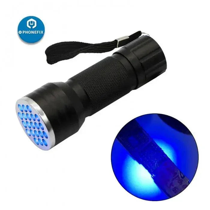 PHONEFIX UV glue dryer electric flashlight for phone screen repair, with ultraviolet LED light for precise UV adhesive curing.