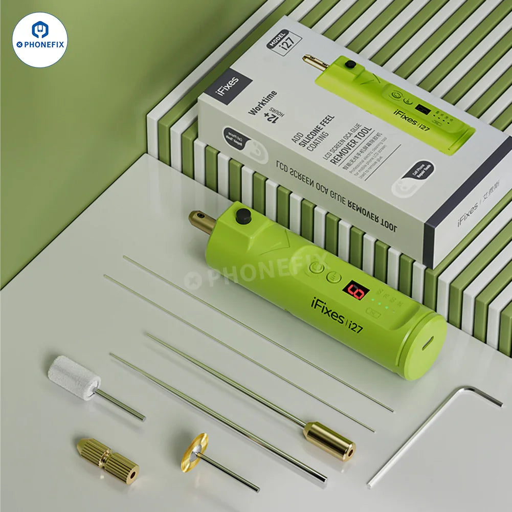 PHONEFIX iFixes i15 i27 phone screen OCA glue remover electric grinder for precise screen repair and adhesive removal.