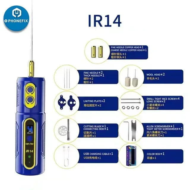 PHONEFIX IR18 Electric OCA glue remover with LED dust lamp, compact screen repair tool for precise adhesive removal.