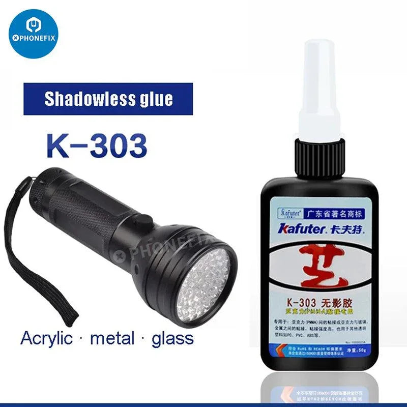 PHONEFIX K-303 transparent UV glue curing adhesive with 951 LED UV flashlight, used for electronic repairs and precise bonding.