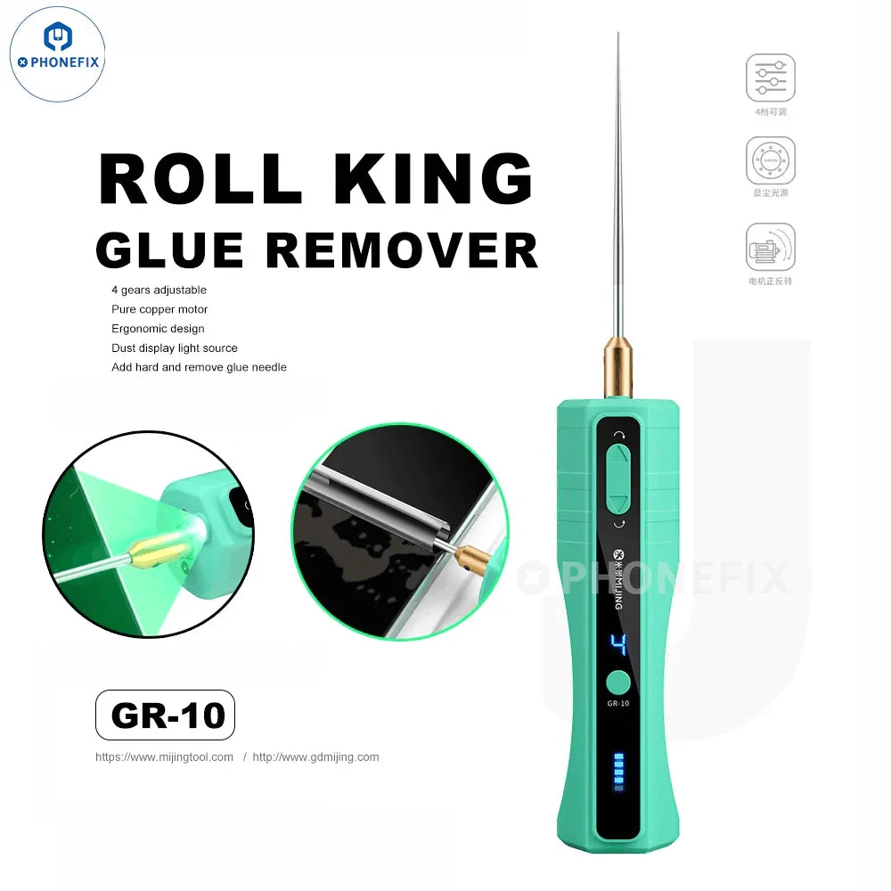 PHONEFIX MIJING GR-10 OCA glue remover roll with dust lamp for degumming, an electric power tool for electronic repairs.