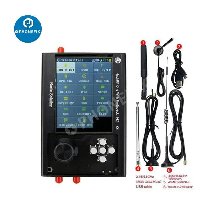 3.2-inch PortaPack H2 with HackRF One SDR radio, antenna, and case kit for 1MHz-6GHz wireless signal testing, assembled by PHONEFIX
