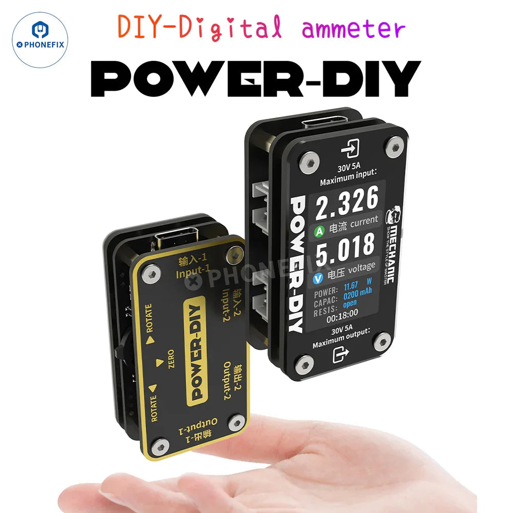 PhoneFix Mechanic POWER-DIY digital ammeter displaying voltage and current readings on its screen, with control buttons visible.