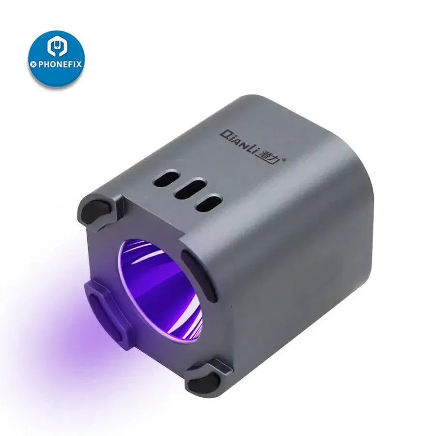 Qianli iUV intelligent UV curing lamp with green oil LED and purple light, used for electronics repair and curing tasks.