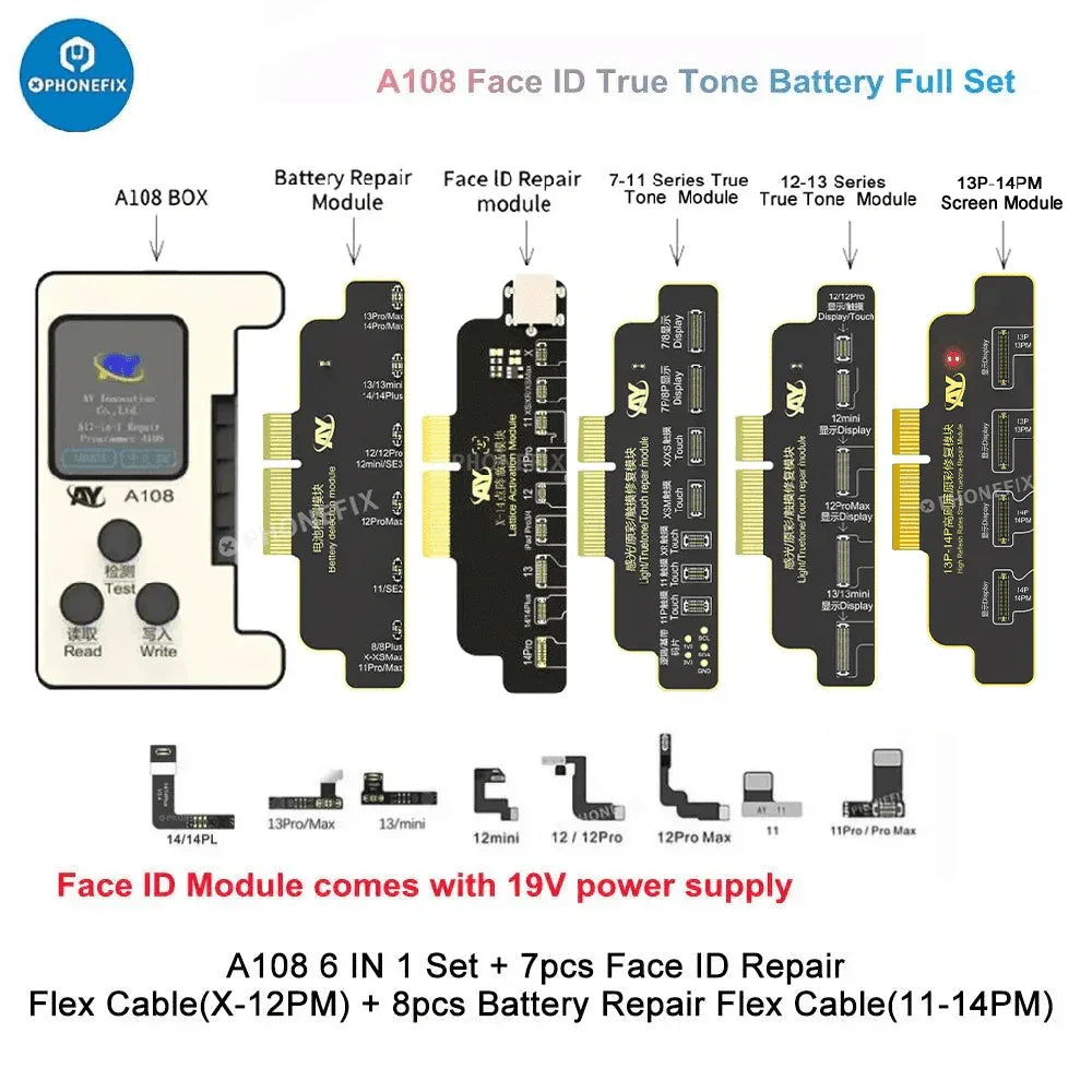 A PHONEFIX A108 BOX multi-function repair programmer for iPhone 8 to 16 Pro Max, used as a Face ID repair tool.