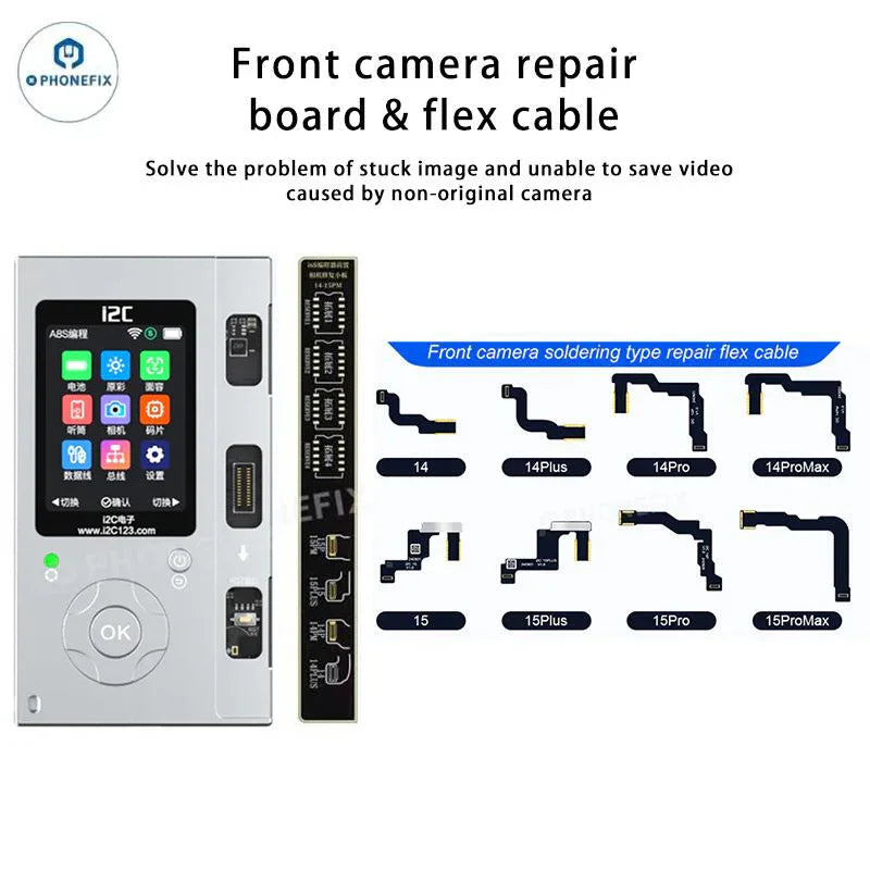 i2C front camera repair FPC cable for iPhone 14-15 Pro Max, compatible with PHONEFIX Face ID repair tools, shown in image.