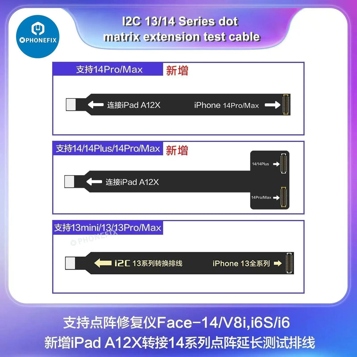 i2C Dot Matrix Extension Test Cable for iPhone 12-14 Pro Max Face ID repair, branded PHONEFIX, used for phone diagnostics.