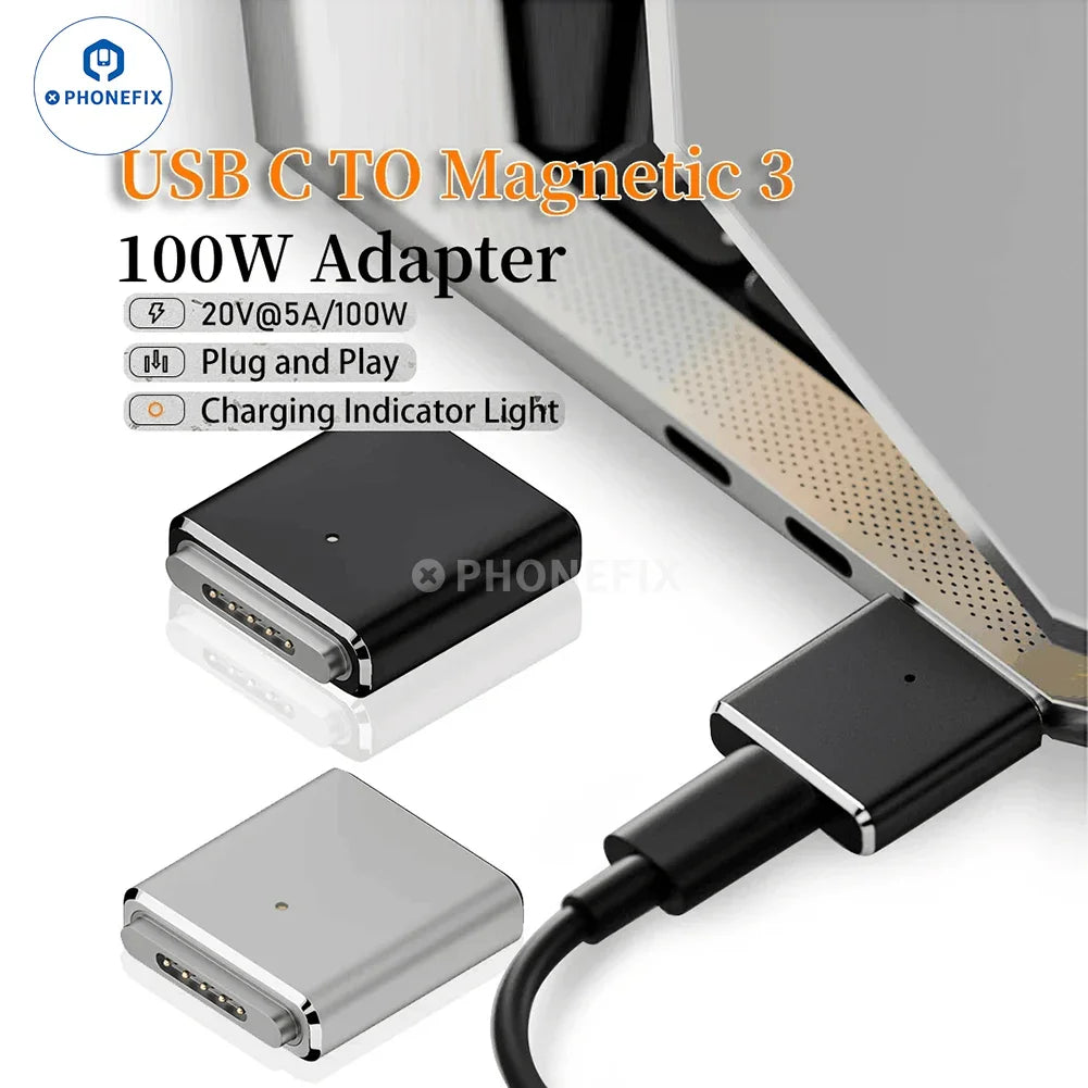PhoneFix Type C USB female to Magsafe adapter converter for MacBook, showing the compact connector and port compatibility.