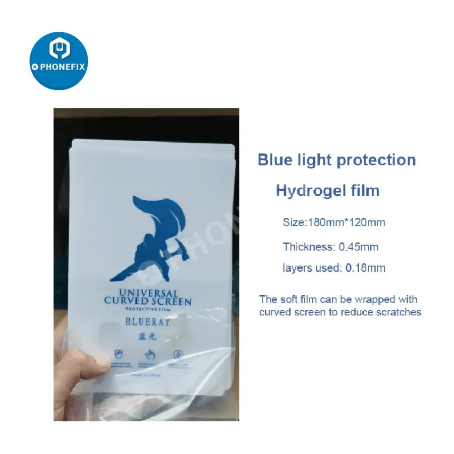 PHONEFIX universal hydrogel film for iPhone and iPad, front screen protective film, displayed on a cutting machine for precise application.