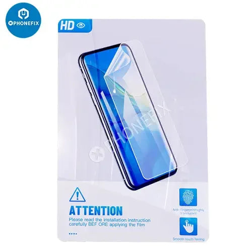 HD Hydrogel UV Soft Film for screen protectors, designed for PhoneFix film cutting machines, shown in a manufacturing setting.