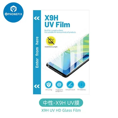 X9H UV curved screen cutting soft film for phone front replacement, shown in use with the PHONEFIX film cutting machine.