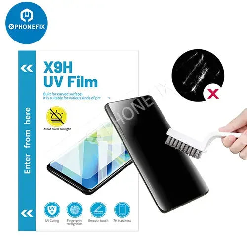 X9H UV curved screen cutting soft film for phone front replacement, shown with film cutting machine by PHONEFIX.