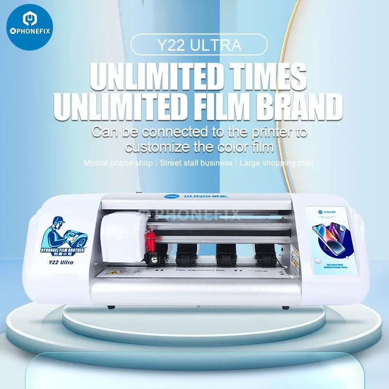 Sunshine Y22 Ultra film cutting machine by PHONEFIX with cutting blade and adjustable guide for screen protector installation.